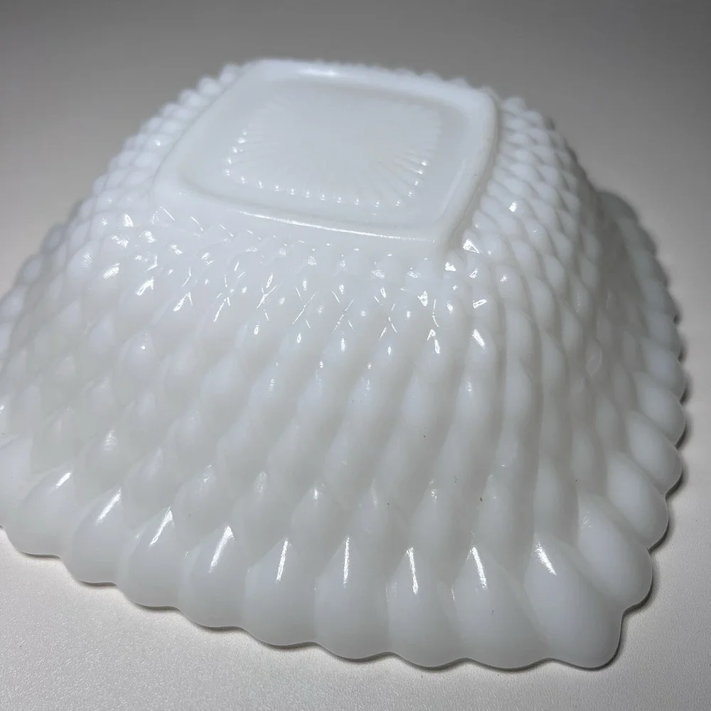 Anchor Hocking Vtg Square Diamond or Hobnail Milk Glass Bowl 50s-60s
